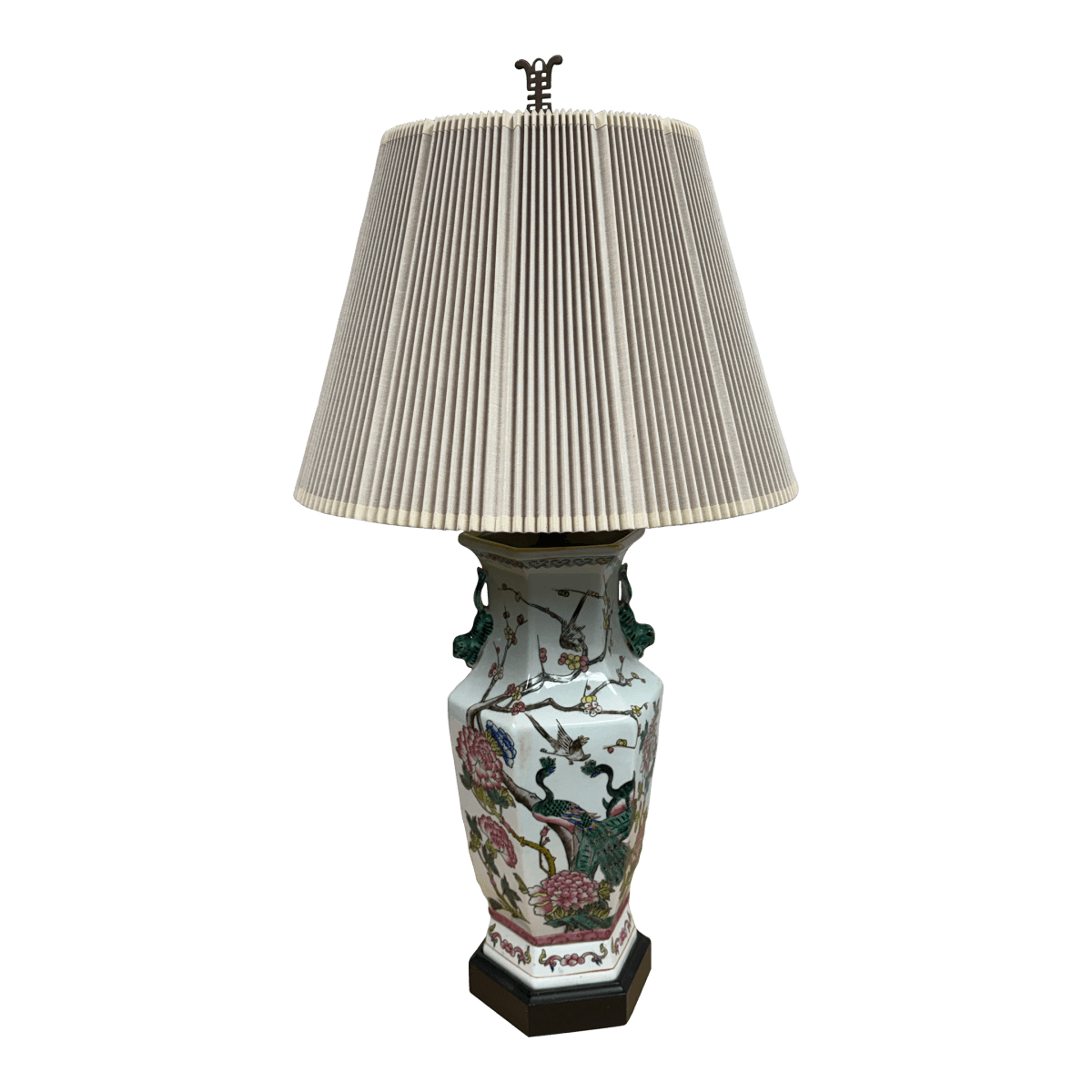 Chinese Famille Rose Table Lamp With Pleated Shade - Thumbnail 2