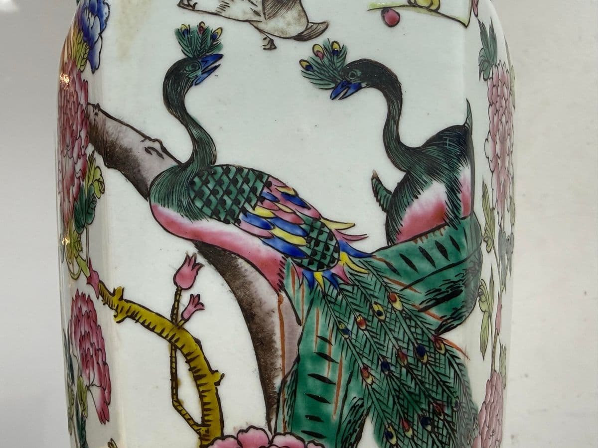 Chinese Famille Rose Table Lamp With Pleated Shade - Thumbnail 9