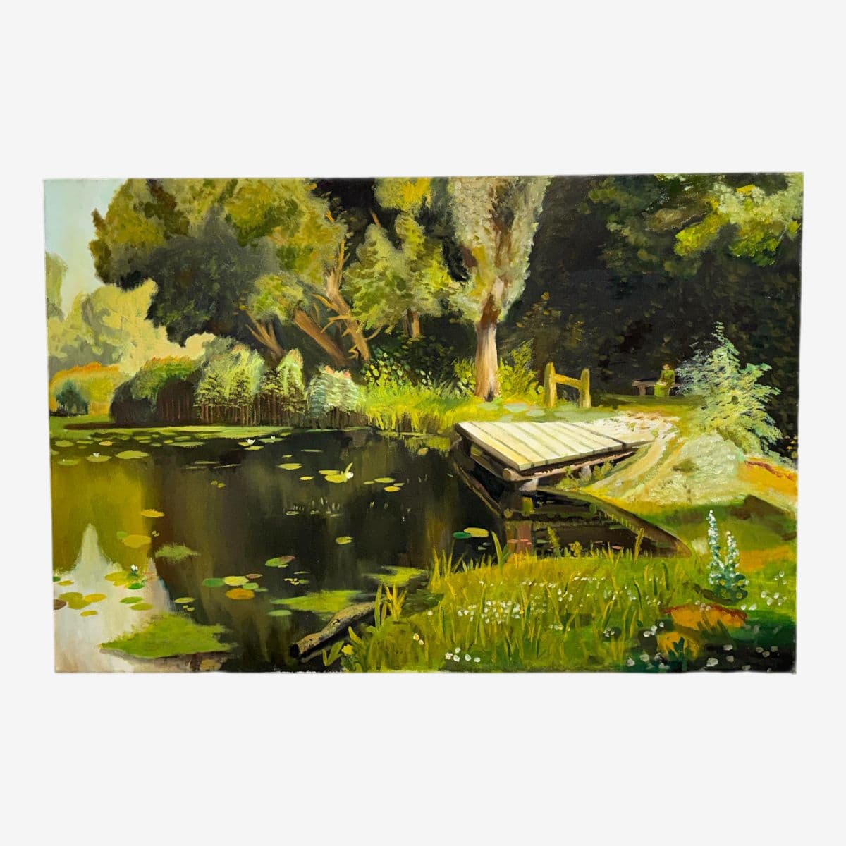 Impressionist Acrylic on Canvas Dock on a Pond Landscape Painting - Image 1