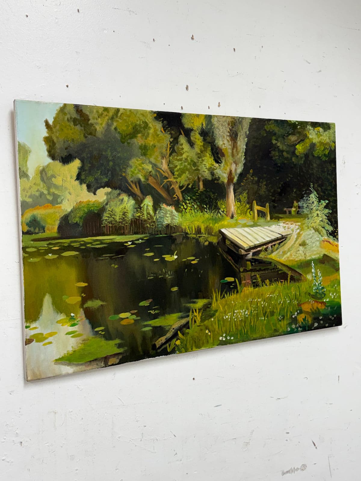 Impressionist Acrylic on Canvas Dock on a Pond Landscape Painting - Thumbnail 4