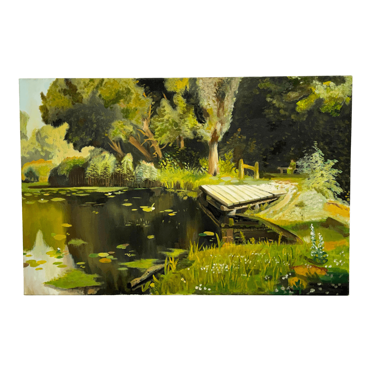 Impressionist Acrylic on Canvas Dock on a Pond Landscape Painting - Thumbnail 2
