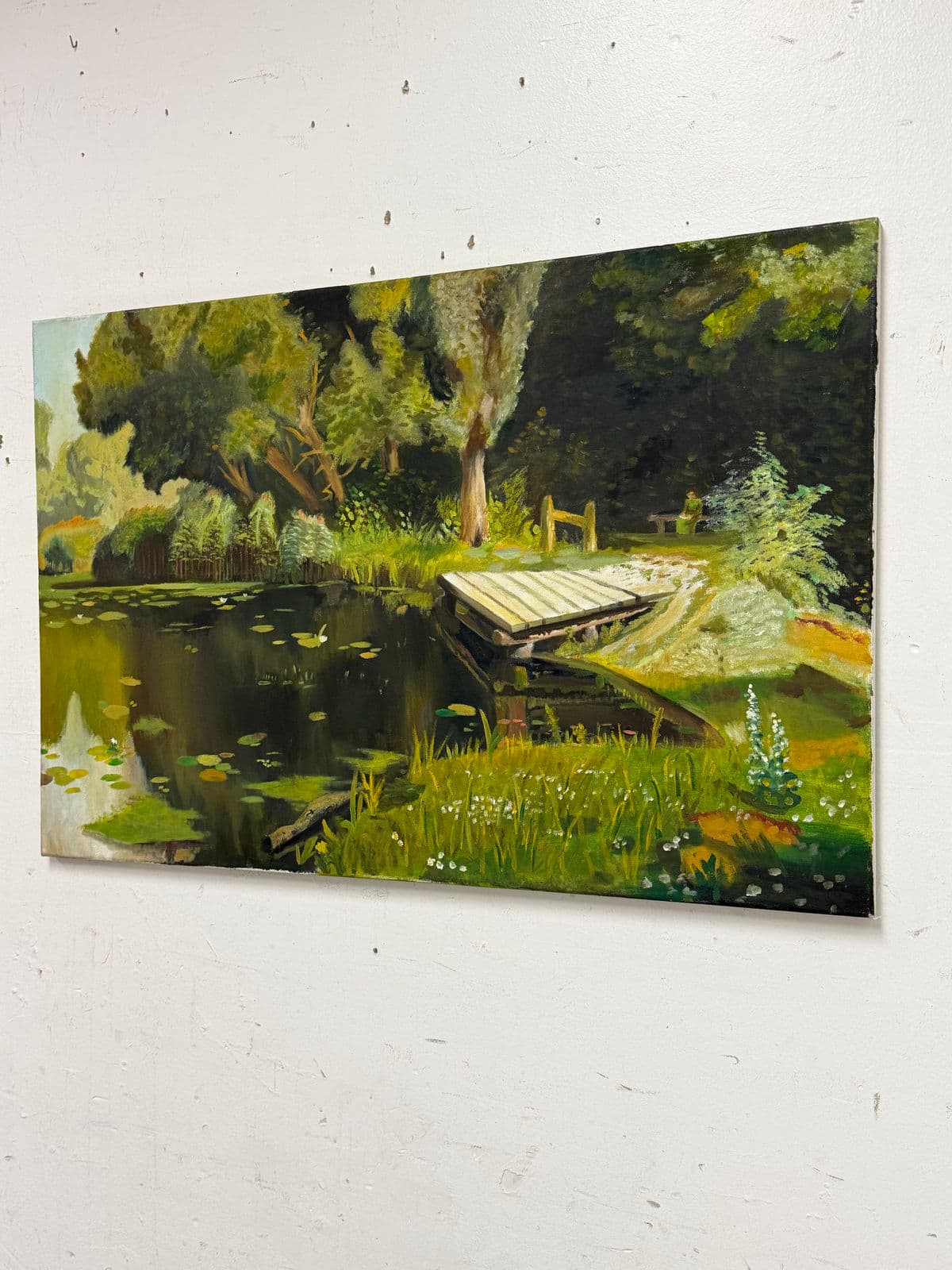 Impressionist Acrylic on Canvas Dock on a Pond Landscape Painting - Thumbnail 3