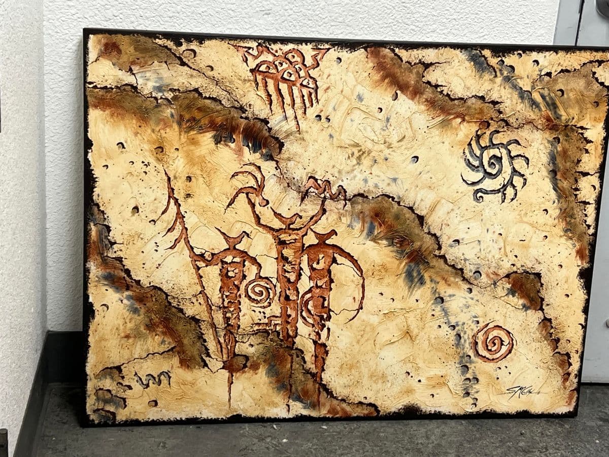 Circa 2002 Stephen K. McCullough. “Bird Headed Shamans” Original Acrylic Indian Painting - Thumbnail 4