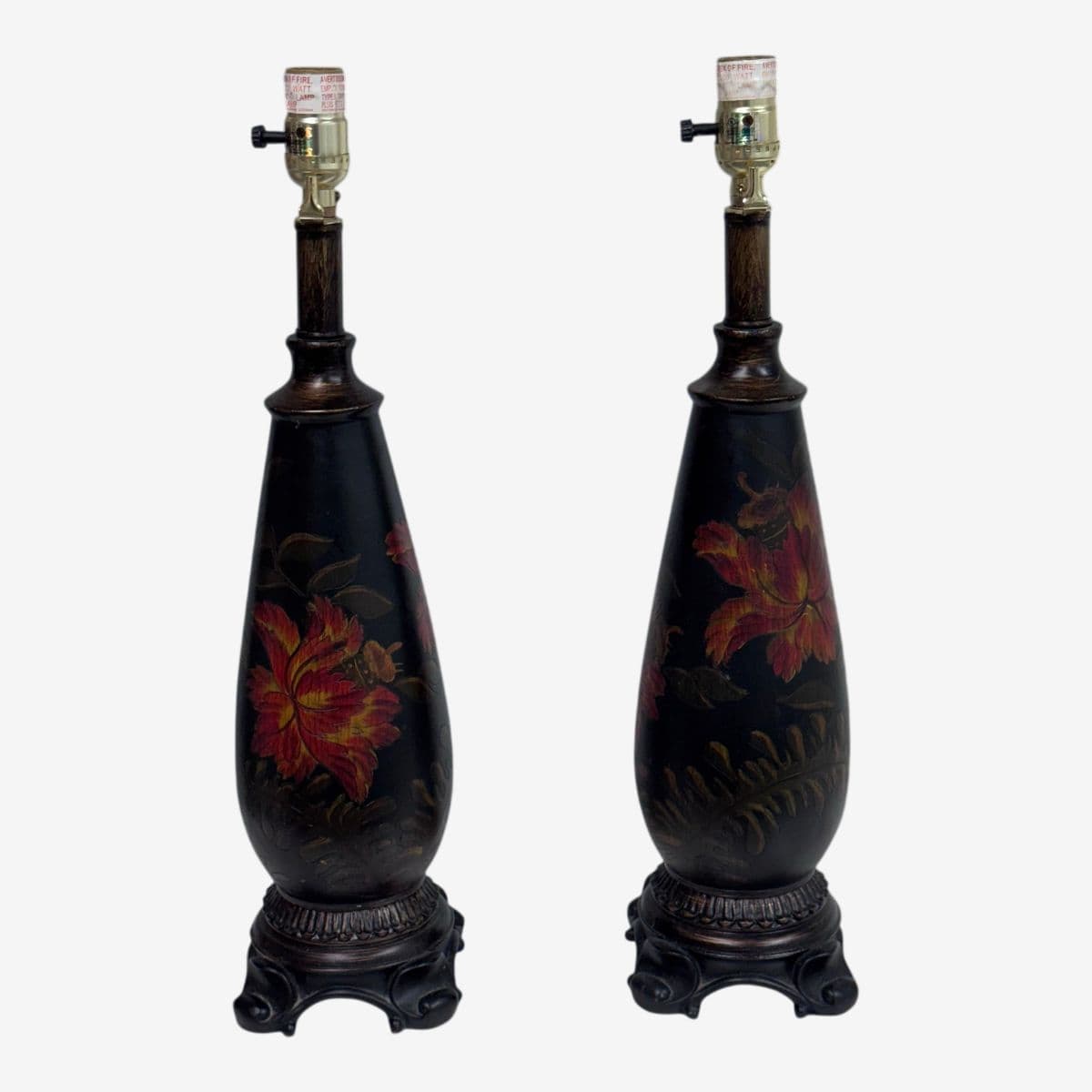 Circa 1990's Chinoiserie Hand Painted Floral Table Lamps, Pair - Image 1