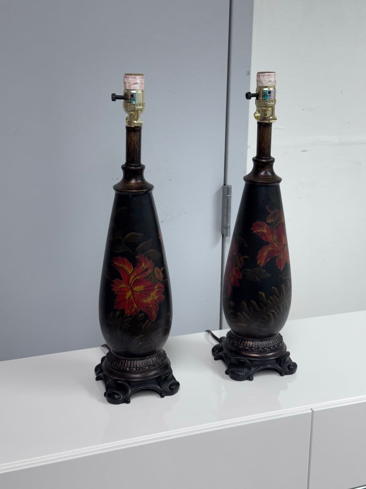 Circa 1990's Chinoiserie Hand Painted Floral Table Lamps, Pair - Thumbnail 6