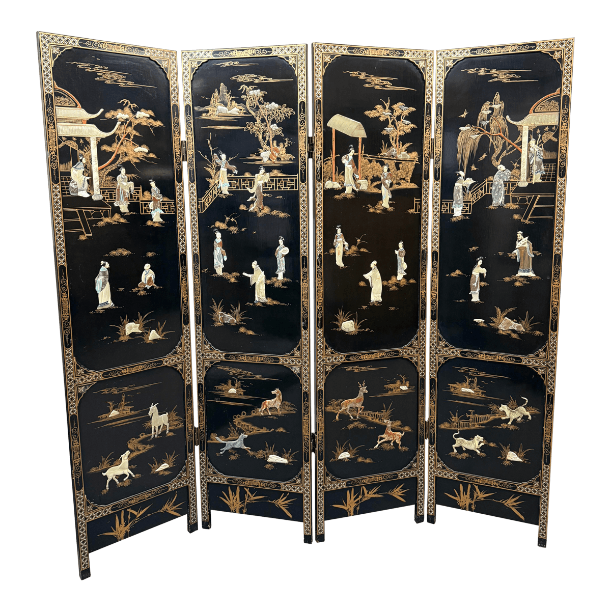 Vintage Asian Reversing Four Panel Folding Screen - Thumbnail 2