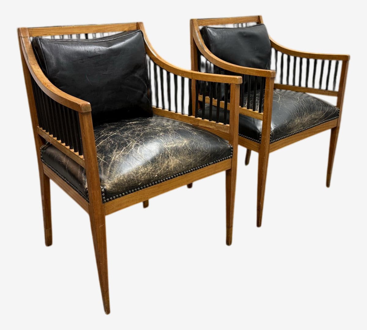 Circa 1835 Austrian Biedermeier Cherry Wood + Leather Arm Chairs, Pair - Image 1