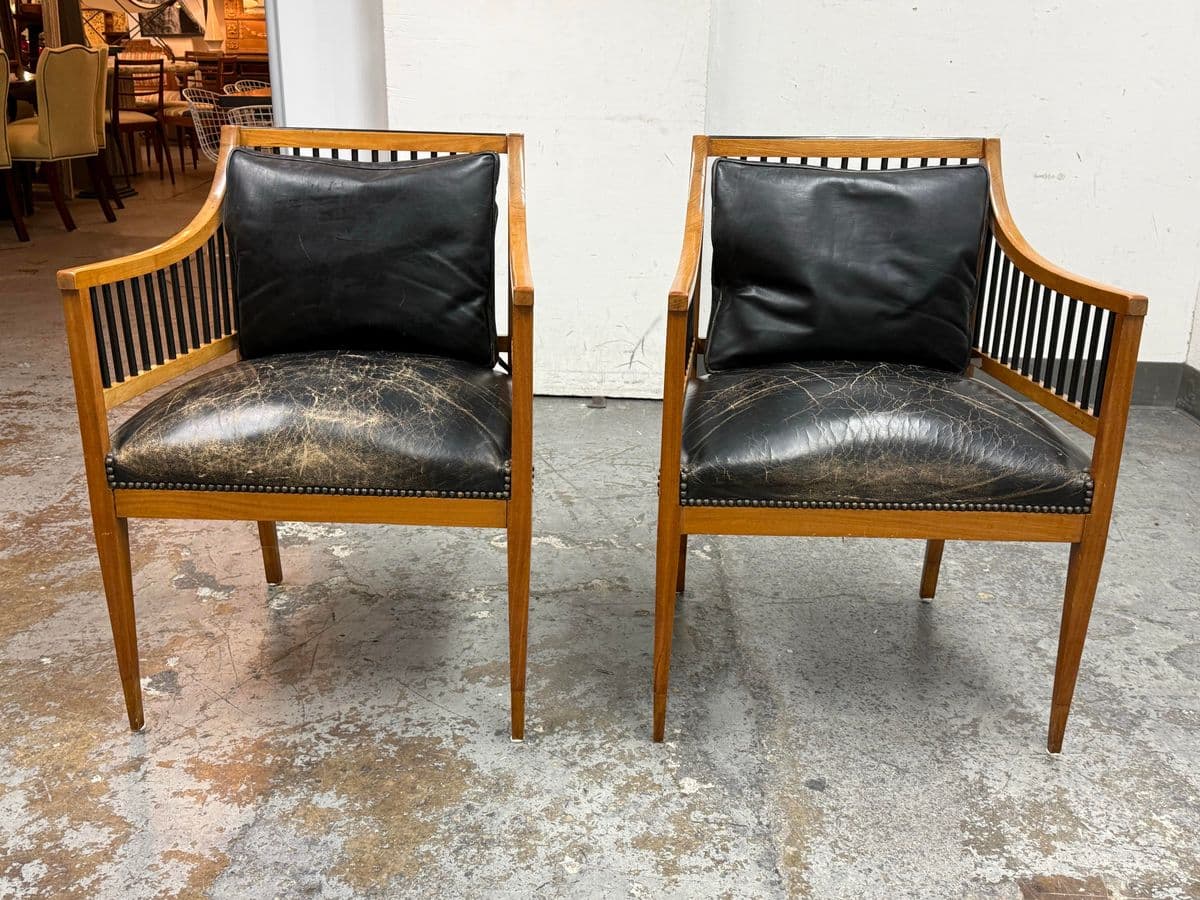 Circa 1835 Austrian Biedermeier Cherry Wood + Leather Arm Chairs, Pair - Thumbnail 4