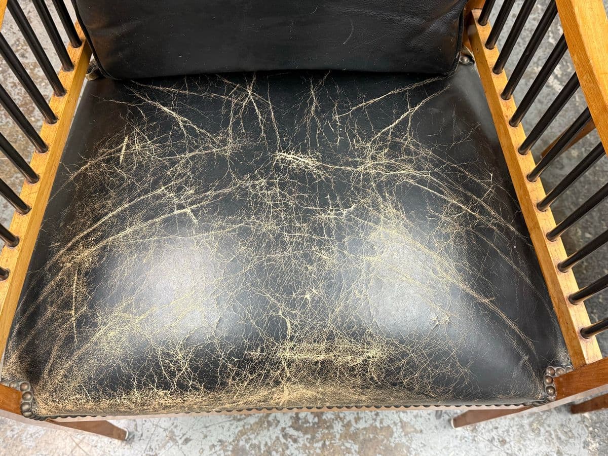 Circa 1835 Austrian Biedermeier Cherry Wood + Leather Arm Chairs, Pair - Thumbnail 9