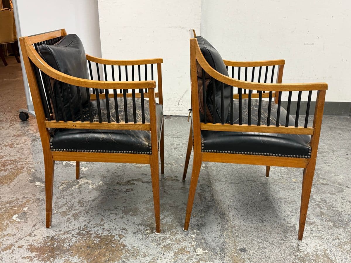 Circa 1835 Austrian Biedermeier Cherry Wood + Leather Arm Chairs, Pair - Thumbnail 7