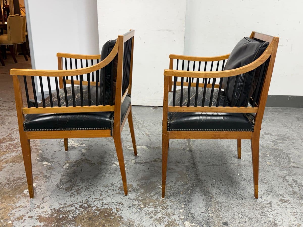 Circa 1835 Austrian Biedermeier Cherry Wood + Leather Arm Chairs, Pair - Thumbnail 5