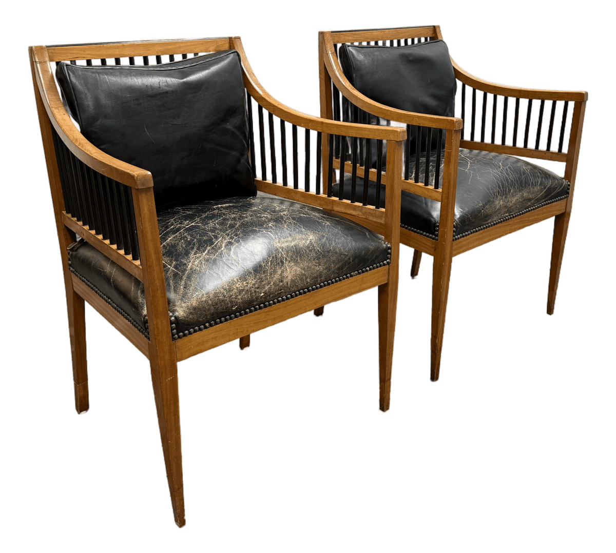 Circa 1835 Austrian Biedermeier Cherry Wood + Leather Arm Chairs, Pair - Thumbnail 2