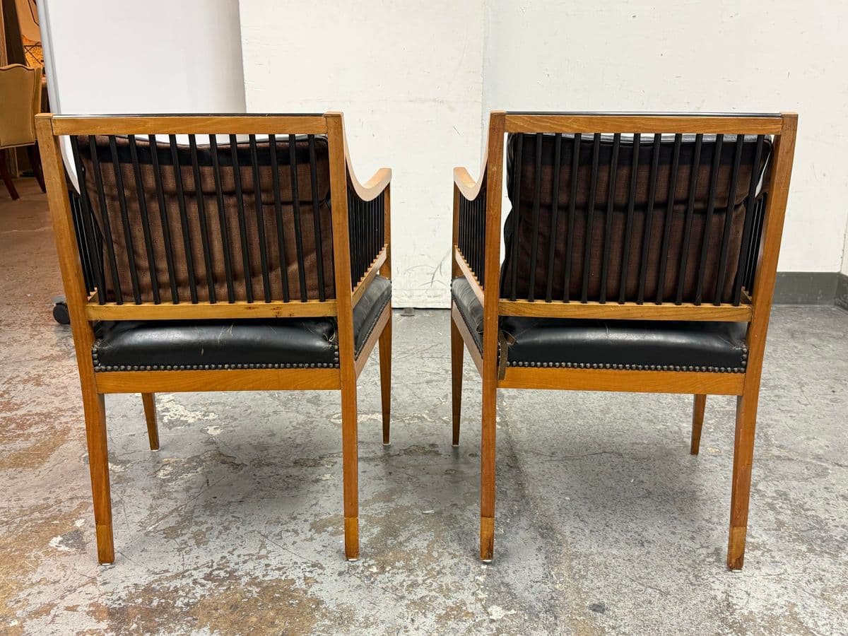 Circa 1835 Austrian Biedermeier Cherry Wood + Leather Arm Chairs, Pair - Thumbnail 6