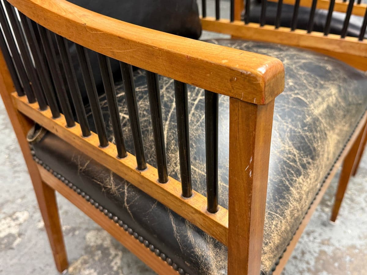 Circa 1835 Austrian Biedermeier Cherry Wood + Leather Arm Chairs, Pair - Thumbnail 11