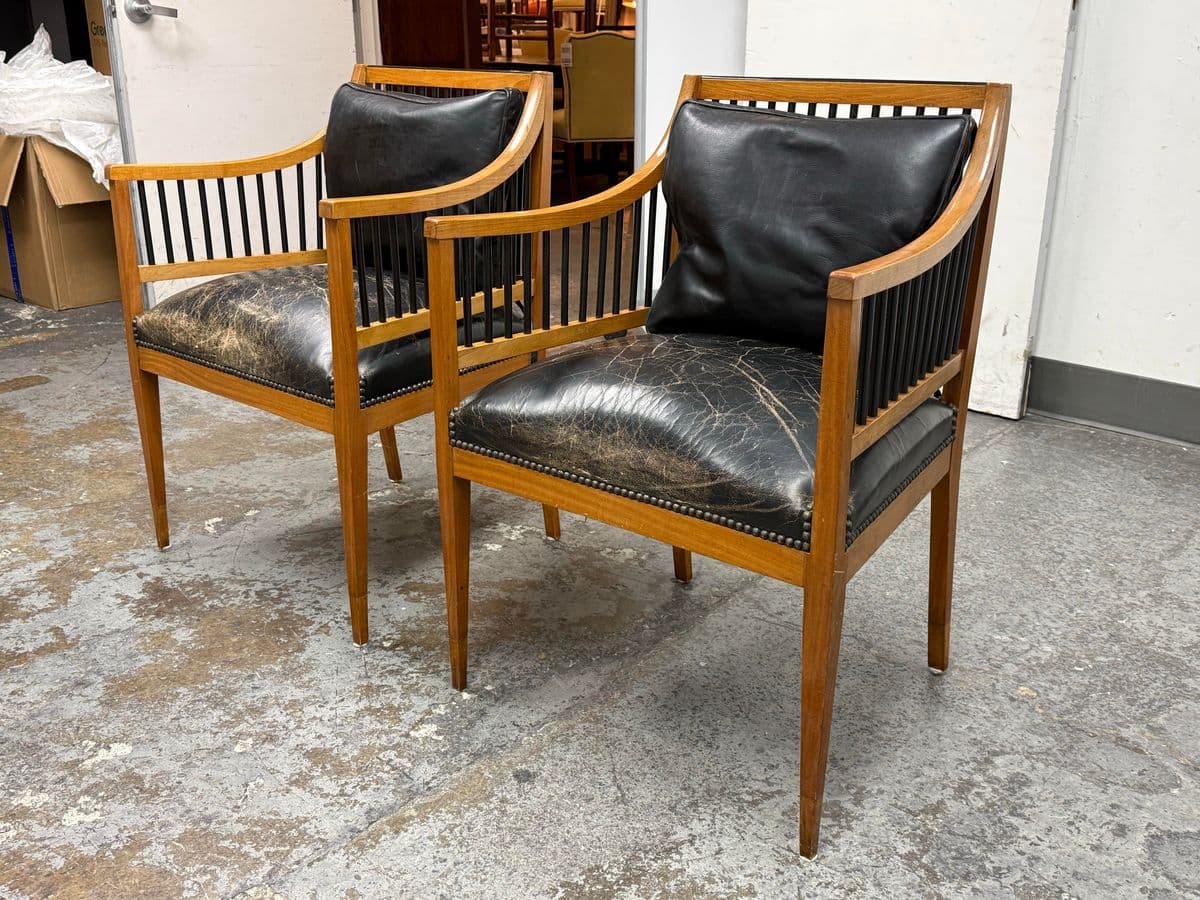 Circa 1835 Austrian Biedermeier Cherry Wood + Leather Arm Chairs, Pair - Thumbnail 3