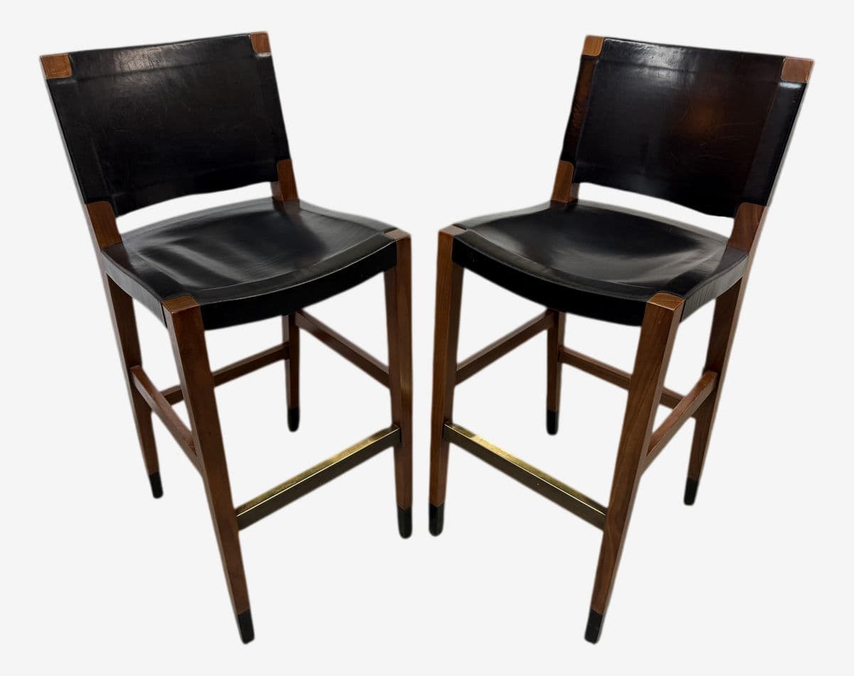Walnut Wood + Black Leather Bar Stools, Pair - Image 1
