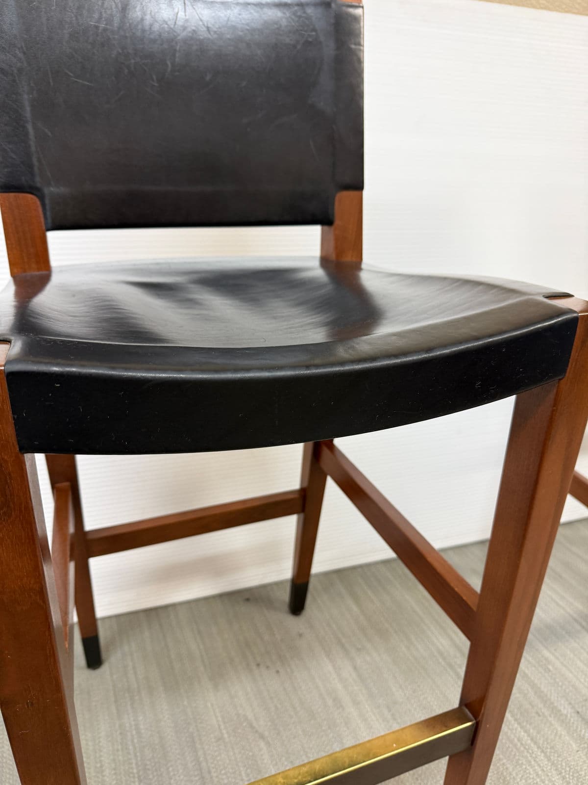 Walnut Wood + Black Leather Bar Stools, Pair - Thumbnail 5