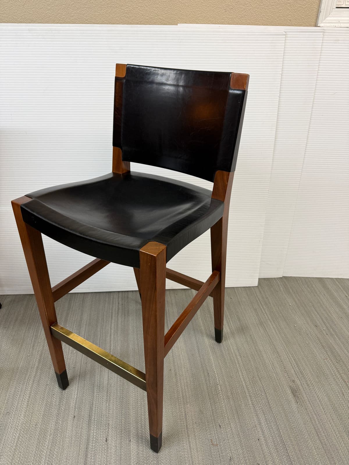 Walnut Wood + Black Leather Bar Stools, Pair - Thumbnail 6