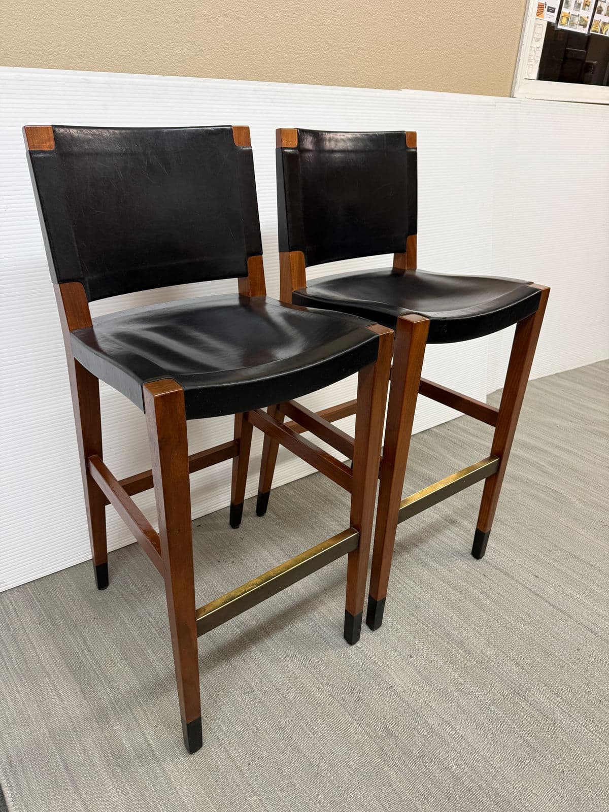 Walnut Wood + Black Leather Bar Stools, Pair - Thumbnail 3