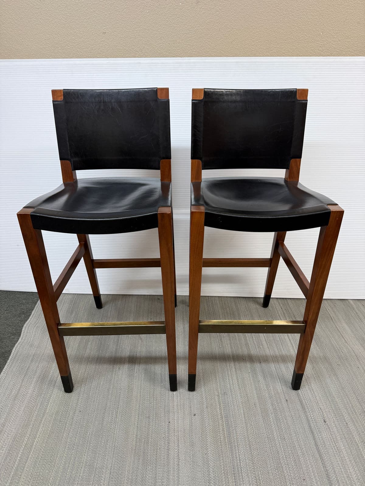 Walnut Wood + Black Leather Bar Stools, Pair - Thumbnail 4