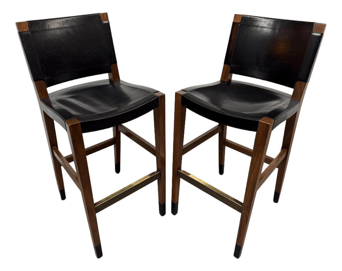 Walnut Wood + Black Leather Bar Stools, Pair - Thumbnail 2