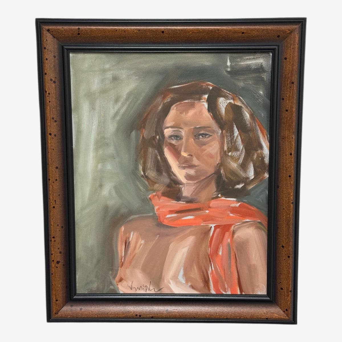 Impressionist Portrait of a Lady With Red Scarf, Signed - Image 1