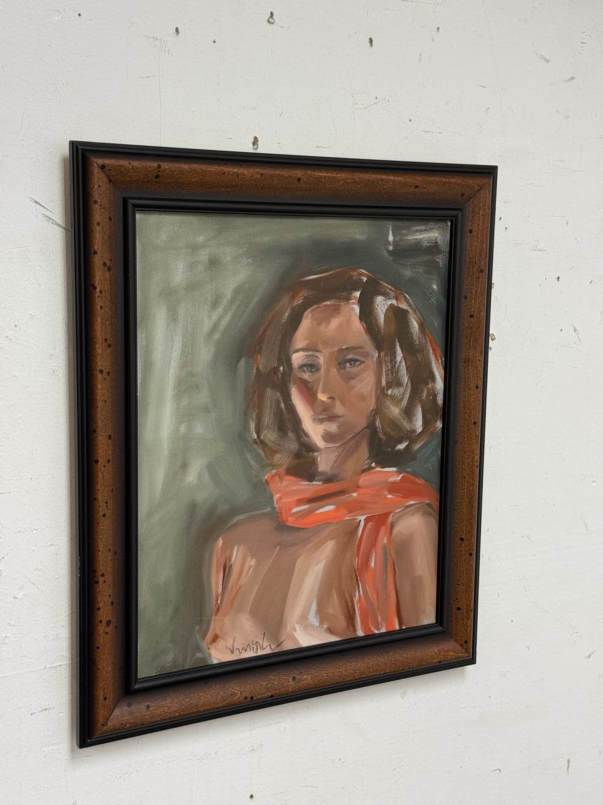 Impressionist Portrait of a Lady With Red Scarf, Signed - Thumbnail 3
