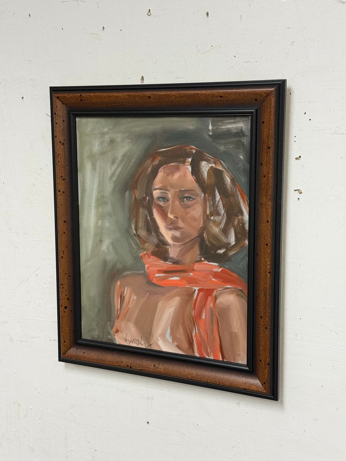 Impressionist Portrait of a Lady With Red Scarf, Signed - Thumbnail 7