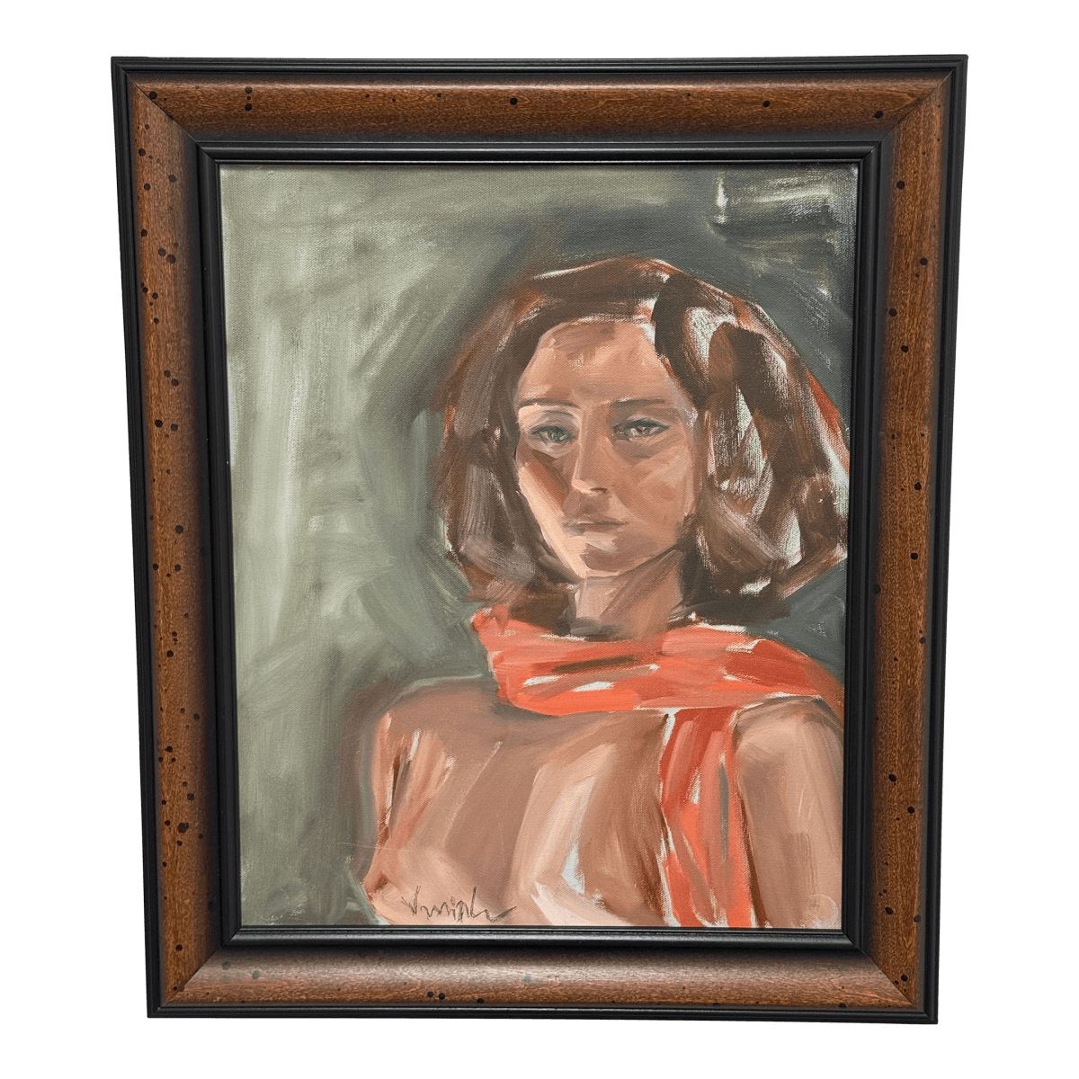 Impressionist Portrait of a Lady With Red Scarf, Signed - Thumbnail 2
