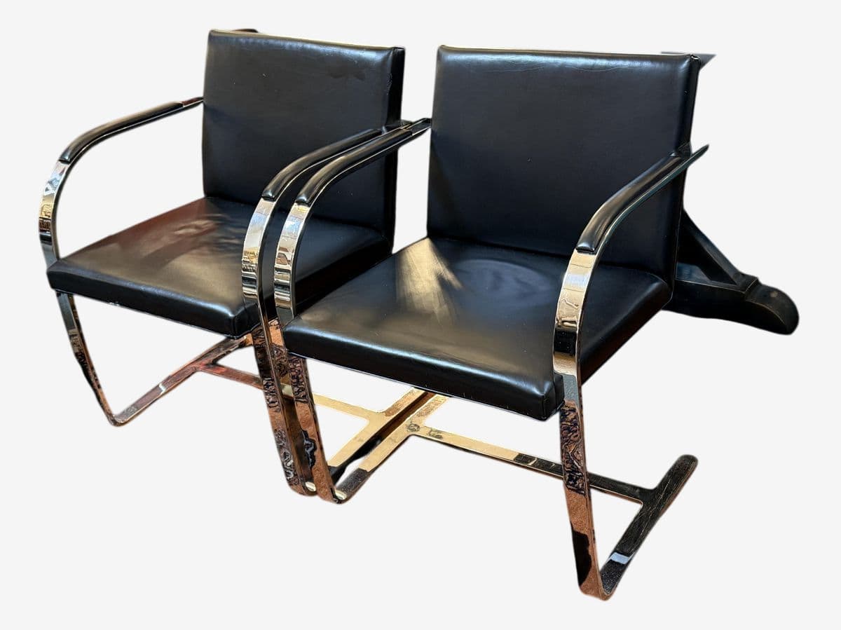 Brueton Cantilever Leather + Chrome Chairs, Pair - Image 1