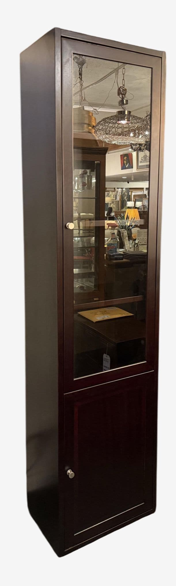 Tall Wood Display Cabinet With Glass Door and Lower Storage - Image 1