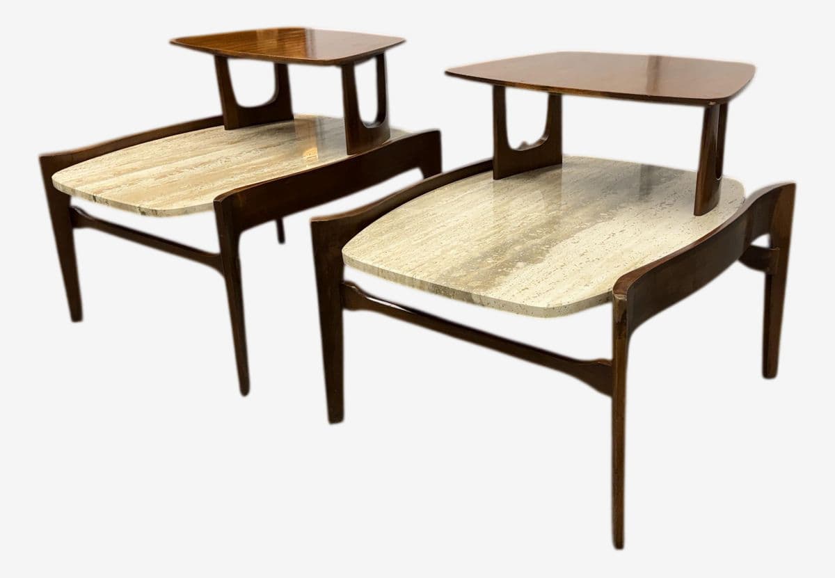 Bertha Schaefer for M. Singer & Sons Walnut/Travertine Tables, Pair - Image 1