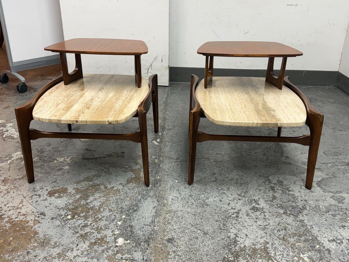 Bertha Schaefer for M. Singer & Sons Walnut/Travertine Tables, Pair - Thumbnail 3