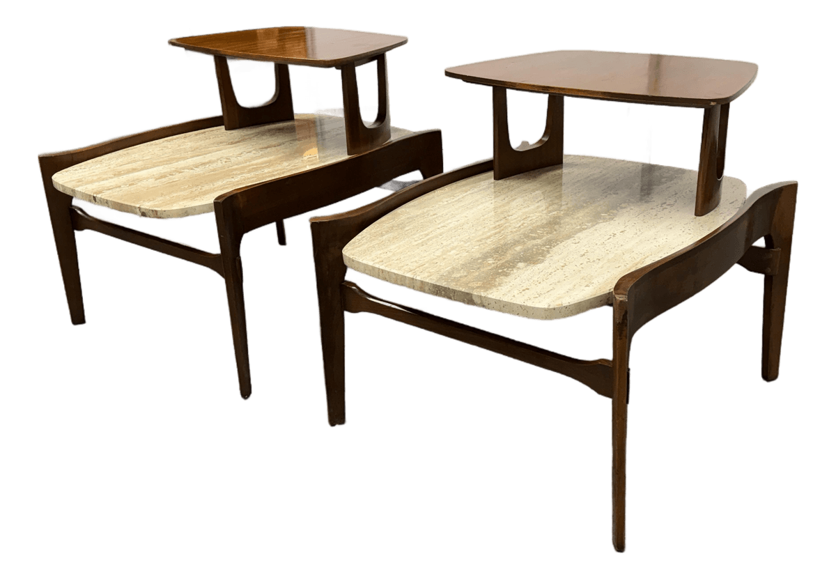 Bertha Schaefer for M. Singer & Sons Walnut/Travertine Tables, Pair - Thumbnail 2