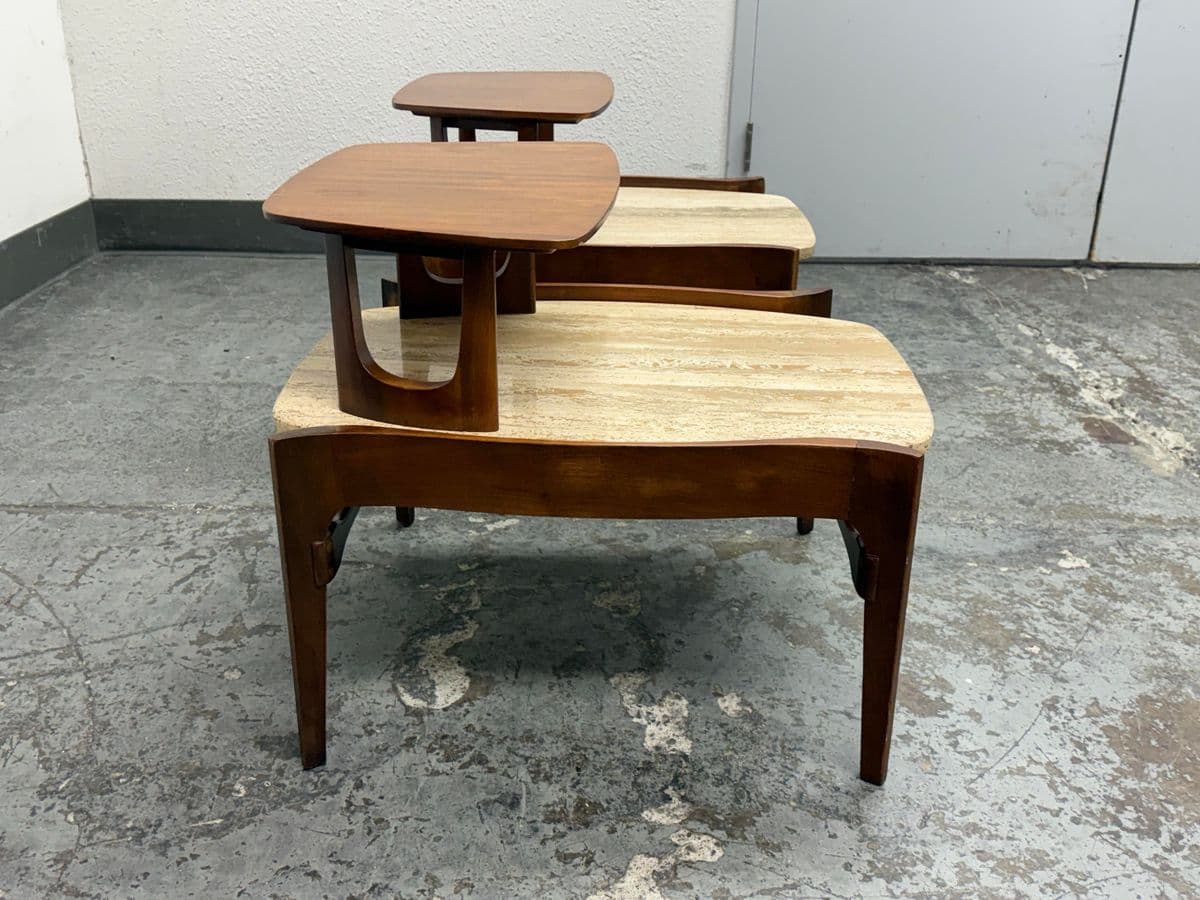 Bertha Schaefer for M. Singer & Sons Walnut/Travertine Tables, Pair - Thumbnail 5