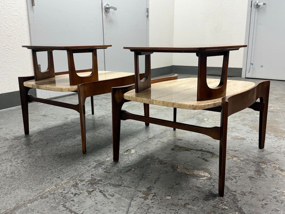 Bertha Schaefer for M. Singer & Sons Walnut/Travertine Tables, Pair - Thumbnail 6