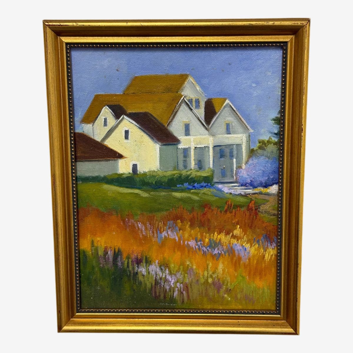 Impressionist Painting of White House in Flower Field, Framed - Image 1