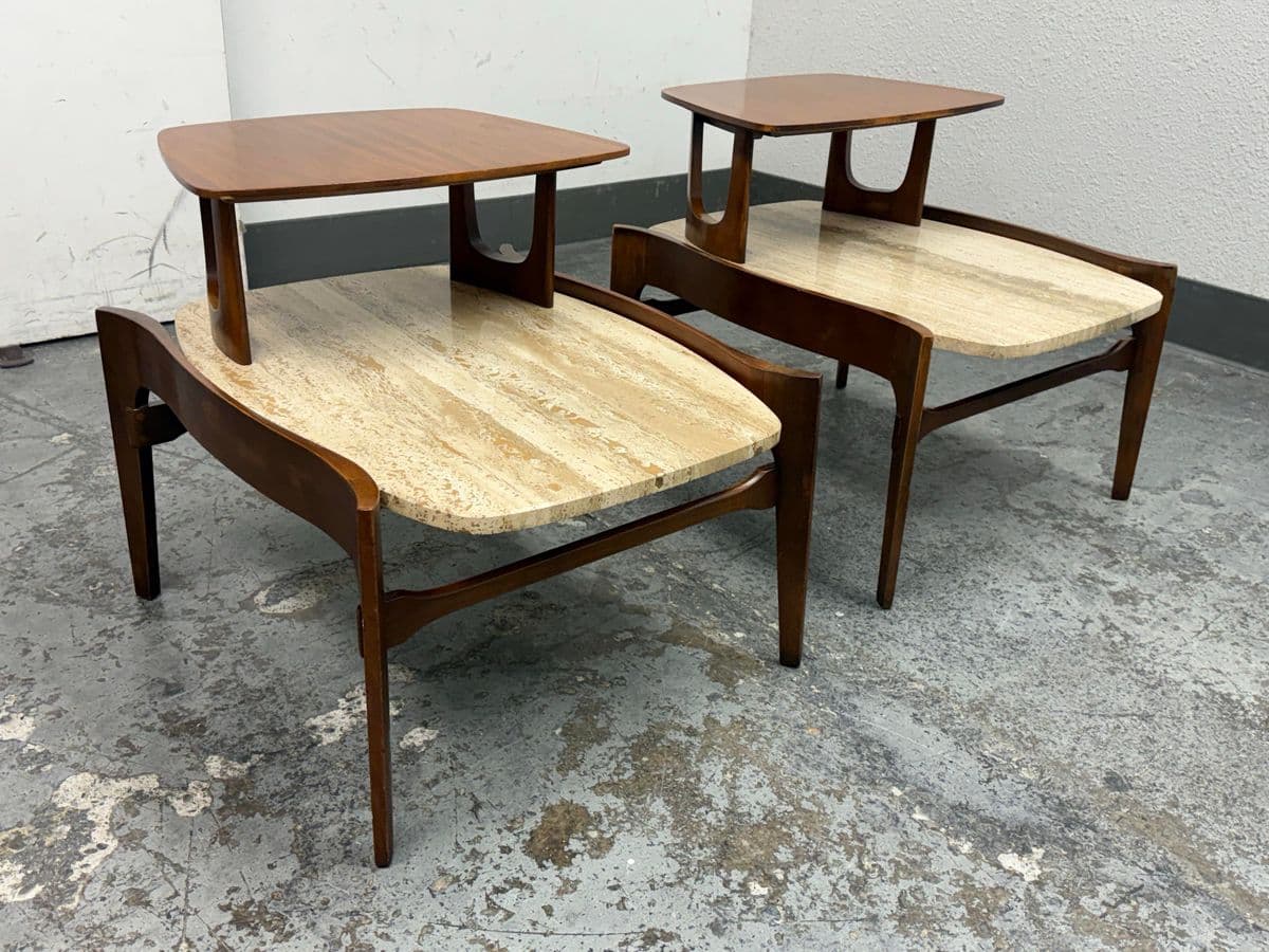Bertha Schaefer for M. Singer & Sons Walnut/Travertine Tables, Pair - Thumbnail 4