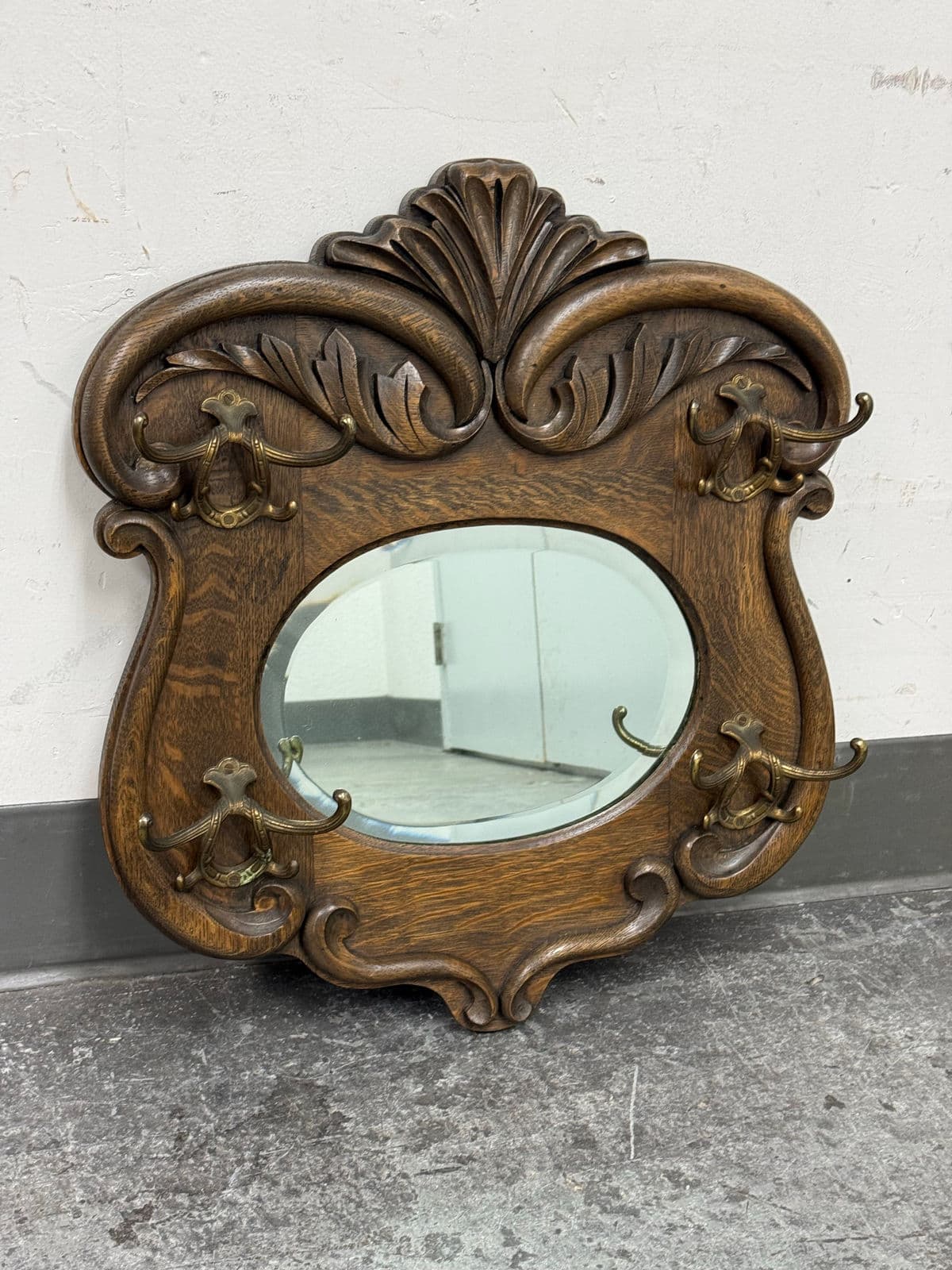 Circa 1920's Tiger Oak Wood Wall Mirror With Hanging Hooks - Thumbnail 12