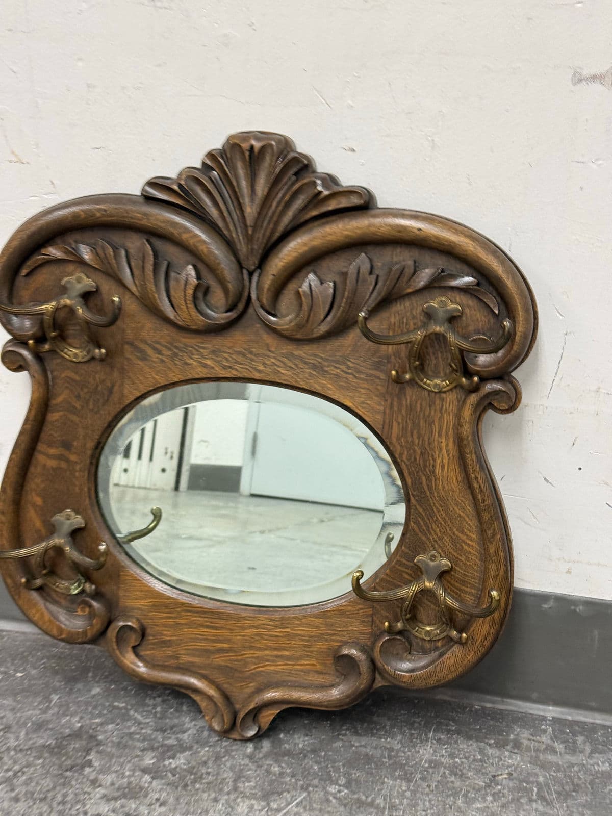 Circa 1920's Tiger Oak Wood Wall Mirror With Hanging Hooks - Thumbnail 7