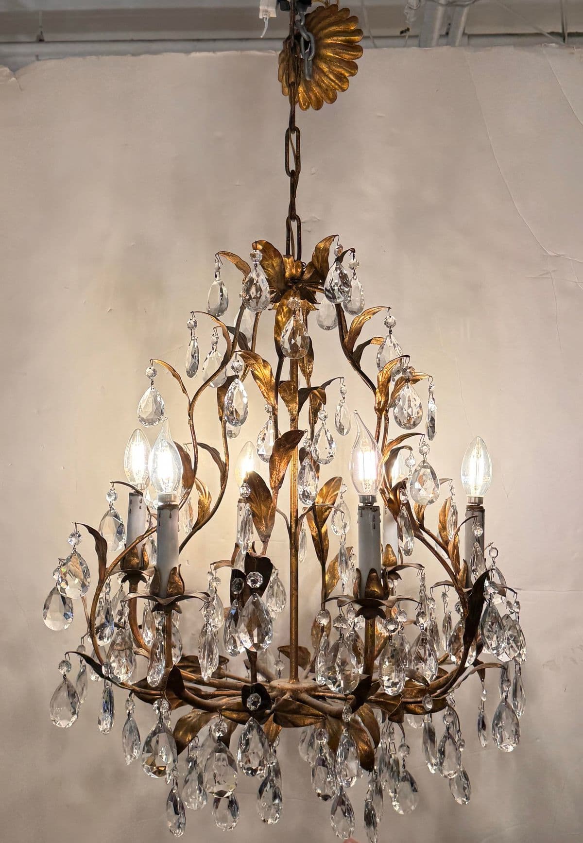 Vintage Italian Gilt Tole Crystal Chandelier - Thumbnail 3