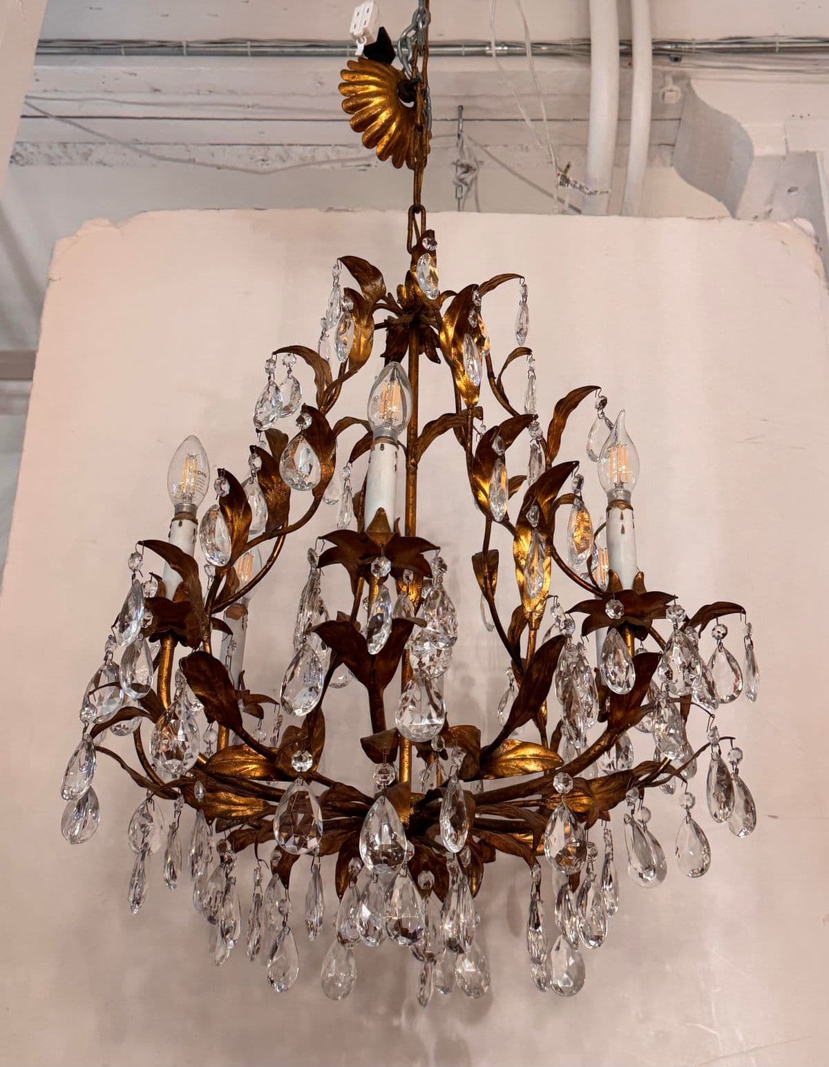 Vintage Italian Gilt Tole Crystal Chandelier - Thumbnail 4