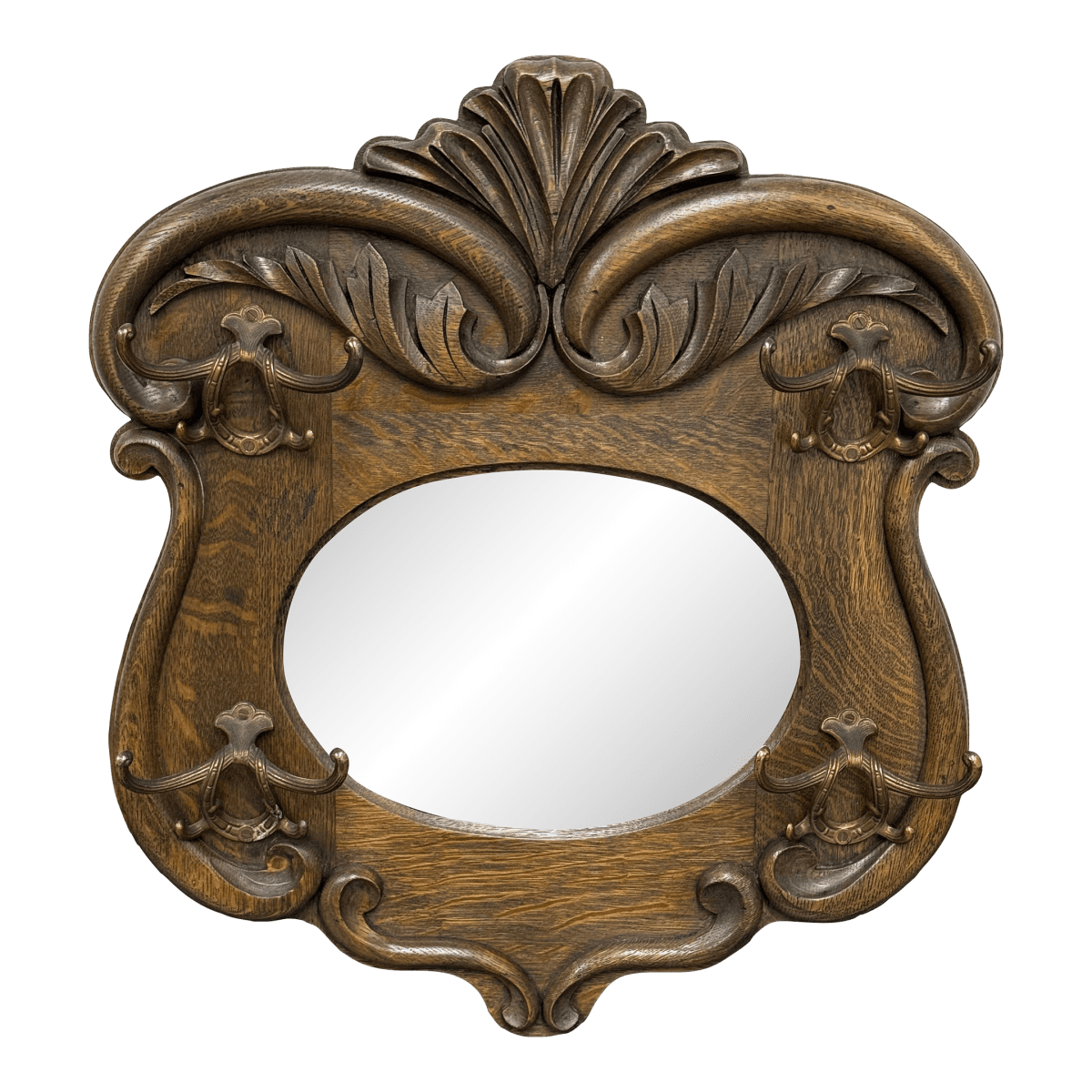 Circa 1920's Tiger Oak Wood Wall Mirror With Hanging Hooks - Thumbnail 2