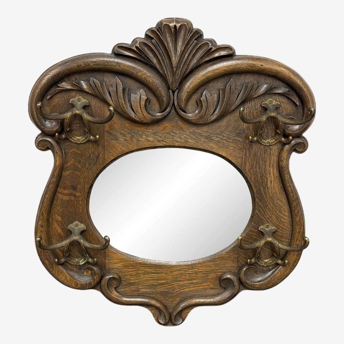 Circa 1920's Tiger Oak Wood Wall Mirror With Hanging Hooks - Image 1