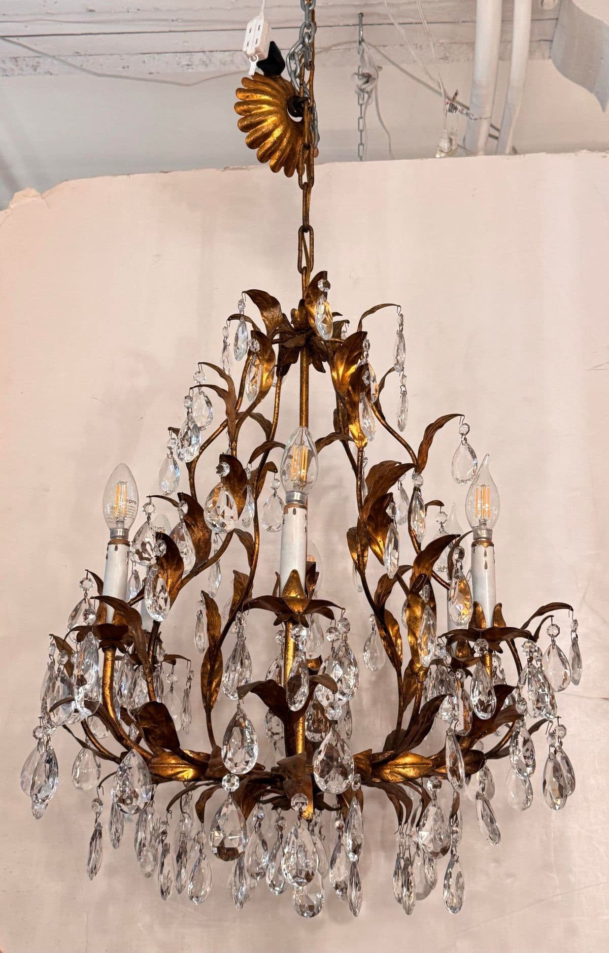 Vintage Italian Gilt Tole Crystal Chandelier - Thumbnail 6