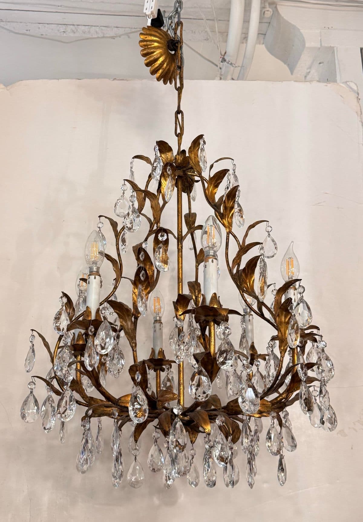 Vintage Italian Gilt Tole Crystal Chandelier - Thumbnail 7