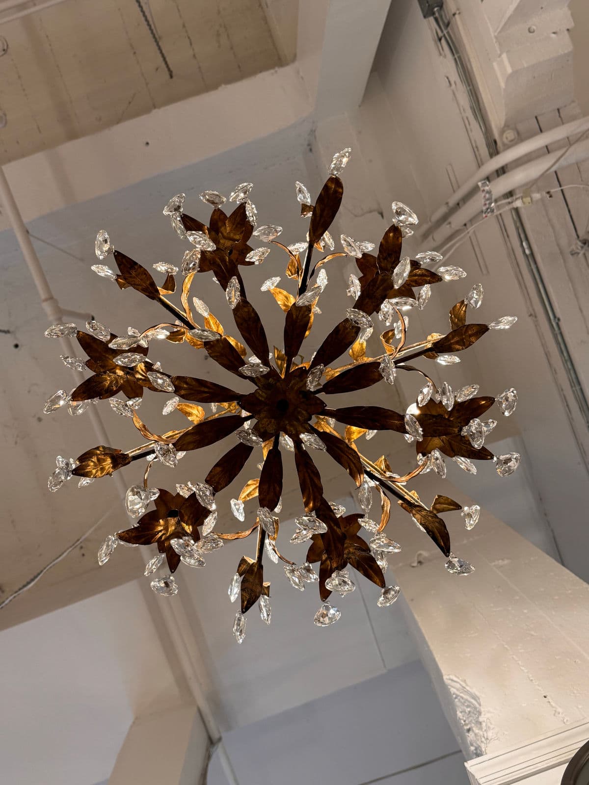 Vintage Italian Gilt Tole Crystal Chandelier - Thumbnail 8