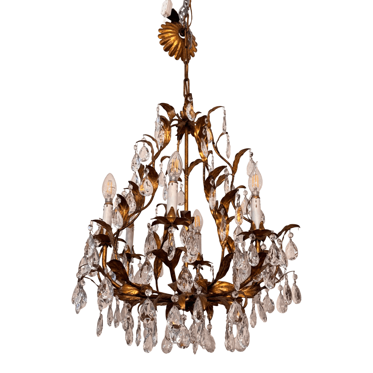 Vintage Italian Gilt Tole Crystal Chandelier - Thumbnail 2