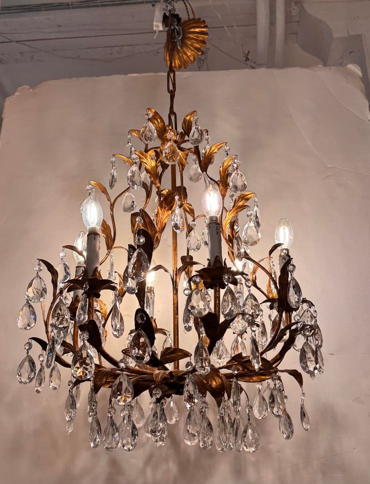 Vintage Italian Gilt Tole Crystal Chandelier - Thumbnail 5