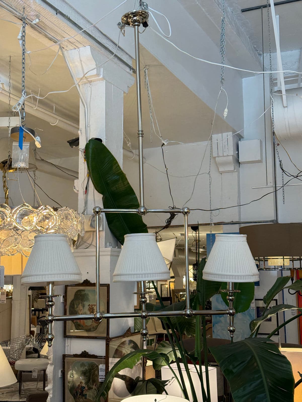 Chrome Pendant Chandelier With Pleated Shades - Thumbnail 3